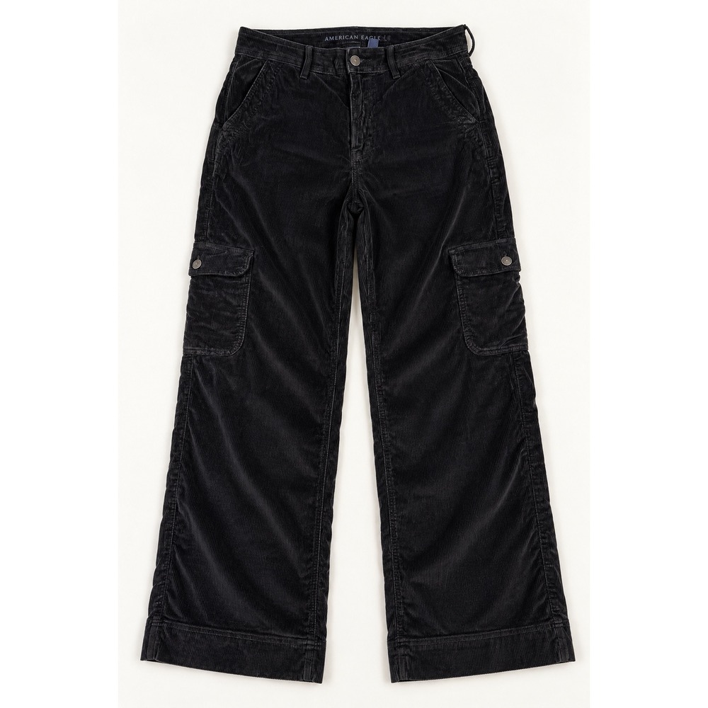 American Eagle Super High Rise Baggy Wide Leg Corduroy Cargo Pants Black Size 8